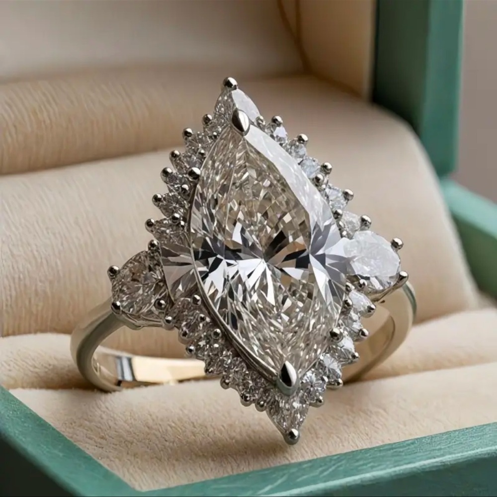 Marquise-Cut Halo Statement Ring | Sparkling Simulated Diamond in Silver size 6